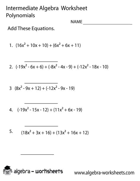 Polynomials Intermediate Algebra Worksheet Printable