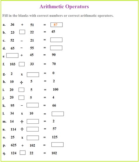 Worksheet on arithmetic operators