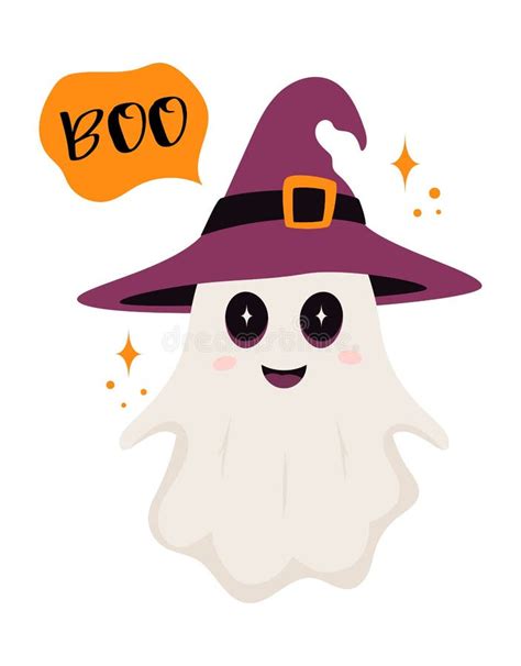 Halloween Card with Cute Ghost in Witch Hat Stock Vector - Illustration of party, creepy: 199132074