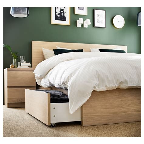 MALM High bed frame/2 storage boxes, white stained oak veneer, Luröy ...