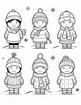 Four Children Wearing winter Clothes And Hats sketch template