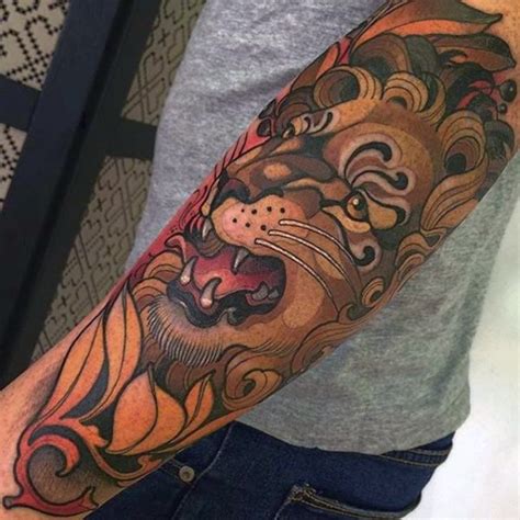 Old school style colored sleeve tattoo of lion head - Tattooimages.biz