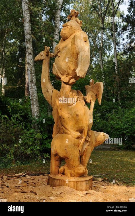 Large wooden sculpture with various zoo animals in progress, Nuremberg Zoo, Am Tiergarten 30 ...