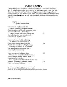 Lyric Poetry Worksheet for 6th - 12th Grade | Lesson Planet