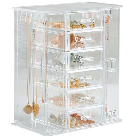 Beautify Acrylic Jewellery Organiser With 6 Storage Drawers Clear Transparent Jewellery Trinket ...