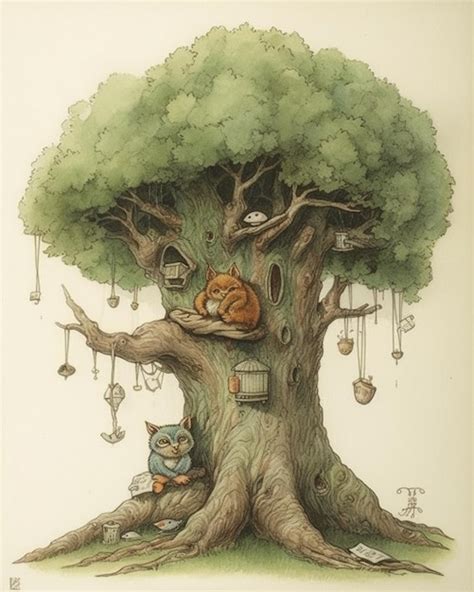 Premium AI Image | A drawing of a tree with a cat sleeping on it.