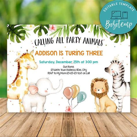 Editable Zoo Safari Animals Boy Birthday Invitations DIY | Sportspartydesign