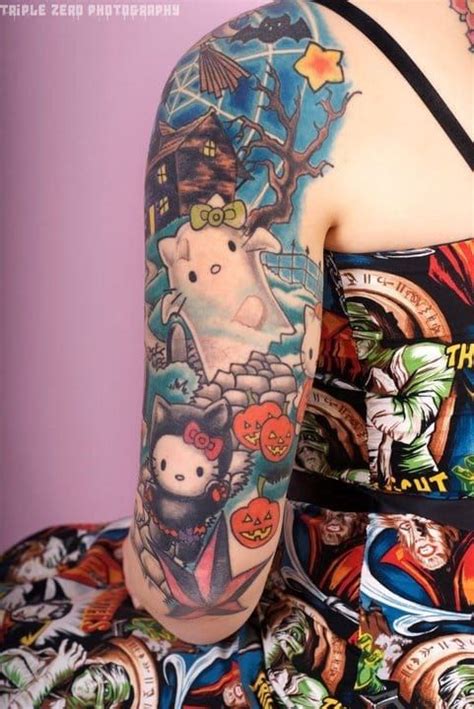 12 Cute, Colorful & Crazy Hello Kitty Tattoos | Hello kitty tattoos, Halloween tattoos, Cat tattoo