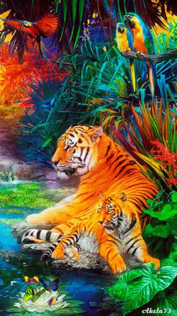 a painting of a tiger laying in the water surrounded by tropical plants and birds,