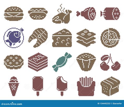 Collection of Monochromatic Pixel Food Icons Stock Vector - Illustration of bonbon, grill: 134445253