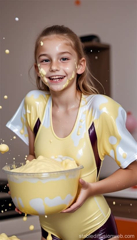 Messy Tween Birthday Girl in Custard-Covered Swimsuit | Stable Diffusion Online