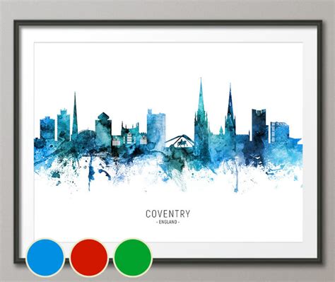 Coventry Skyline England Cityscape Art Poster Print Blue Red | Etsy