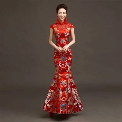 Women Chinese Cheongsam Summer Long Fishtail Chinese Traditional Dress Wedding Red Cheongsam ...