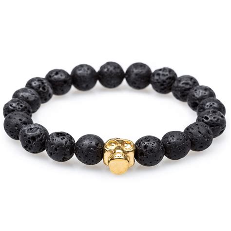 Volcanic Rock Burnished Gold Skull Bracelet | Buddhist Lava Bracelets | OTAA