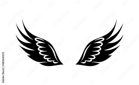 Flying wings, black silhouette. Valentine's Day angel wings. Vector illustration on a white ...