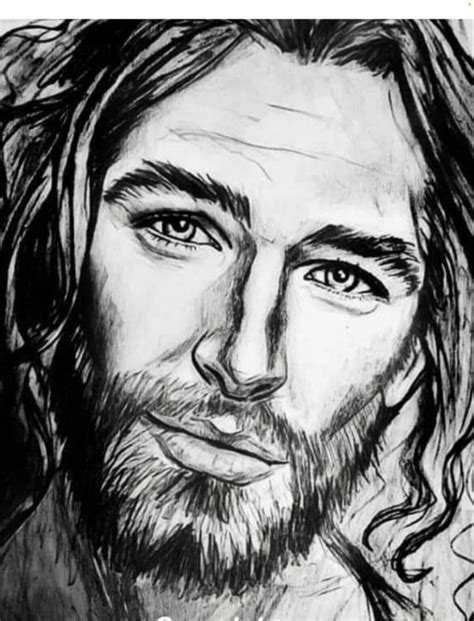 a drawing of jesus with long hair and beard