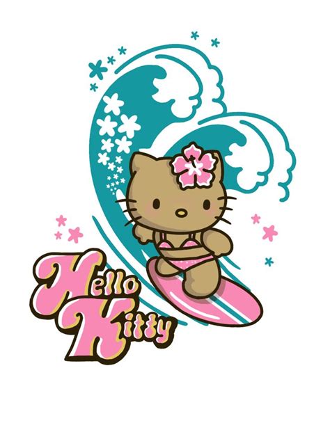 hello kitty surfing on the waves with her pink surfboard