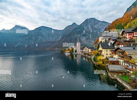 Lake Hallstatt, Austria. The village of Hallstatt is on the shore of Lake Hallstatt in the High ...