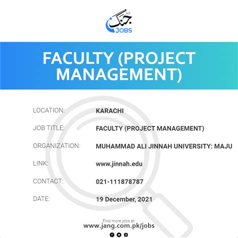 Faculty (project Management) Job – Muhammad Ali Jinnah University: Maju ...