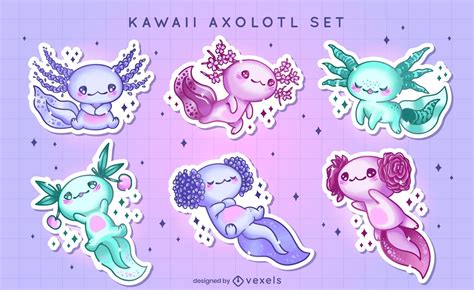 Kawaii Axolotl Stickers Set Vector Download nel 2024