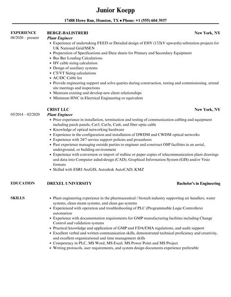 Plant Engineer Resume Samples | Velvet Jobs