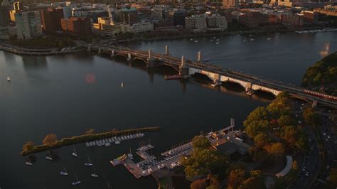 6k stock footage aerial video a commuter train crossing the Longfellow Bridge, Boston ...