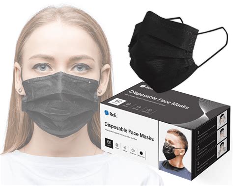 Reli. Black Face Mask (50 Masks) Disposable Black Mask, 3 PLY Protection with Filter Layer ...