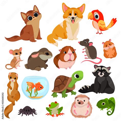 Set of cartoon pets. Collection of various domestic mammals, rodents ...