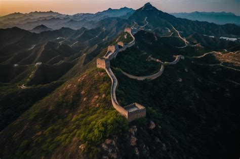 Premium Photo | Aerial drone shot of the chinese great wall with sidelight