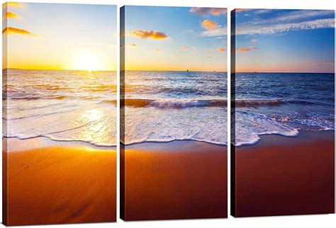 Best 3 Panel Sunset Beach Canvas Wall Art Decor, Modern 24x36 Hanging Ocean Print Photograph ...