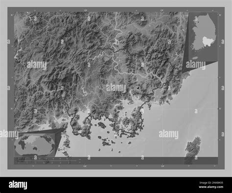 Gyeongsangnam-do, province of South Korea. Grayscale elevation map with ...