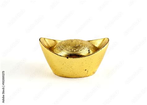 antique chinese gold ingot isolated on white background, the characters on gold ingot means ...