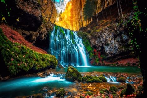 Premium AI Image | Waterfalls in an autumn park with vibrant foliage