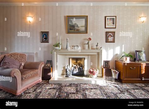 Horizontal wide angle interior of a traditional old-fashioned lounge ...