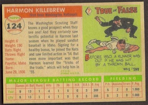 HARMON KILLEBREW Novelty Rookie RP Card 124 Nationals 1955 T - Etsy