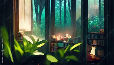 Lofi empty interior. Messy desk, window view of a forest, jungle. Anime ...