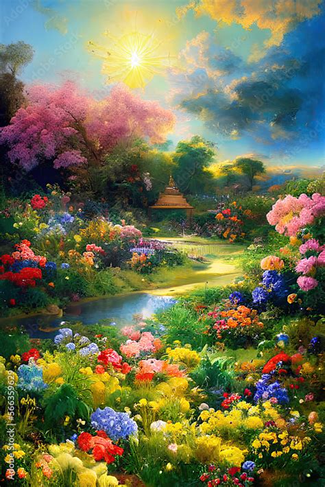 Paradise garden full of flowers, beautiful idyllic background with many flowers in eden, 3d ...