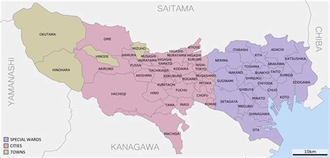 Tokyo prefecture map - Map of Tokyo prefectures (Kantō - Japan)