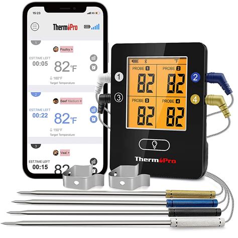 ThermoPro TP25 650FT Bluetooth Meat Thermometer with 4-Probes, Smart Rechargeable Wireless Meat ...