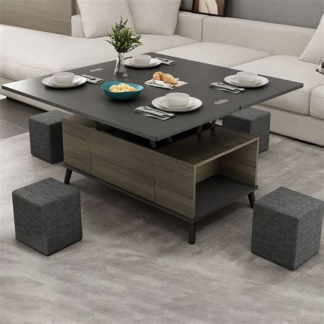 Black Lift Top Convertible Coffee Table with Storage & Drawer Ottomans