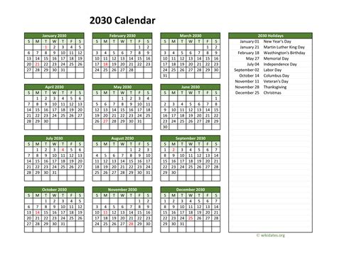 Printable 2030 Calendar with Federal Holidays | WikiDates.org