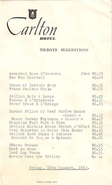 1963. Credit not known. Hotel Menu, Hotel Food, Good Old Times, The Good Old Days, Lettuce Soup ...
