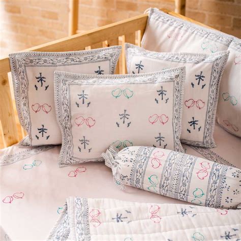 Hand Block Printed Cot Bedding Set- Bird and Tree - HappyClouds