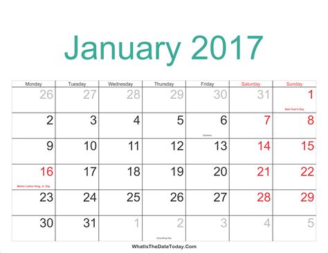 January 2017 Calendar Printable with Holidays | Whatisthedatetoday.Com