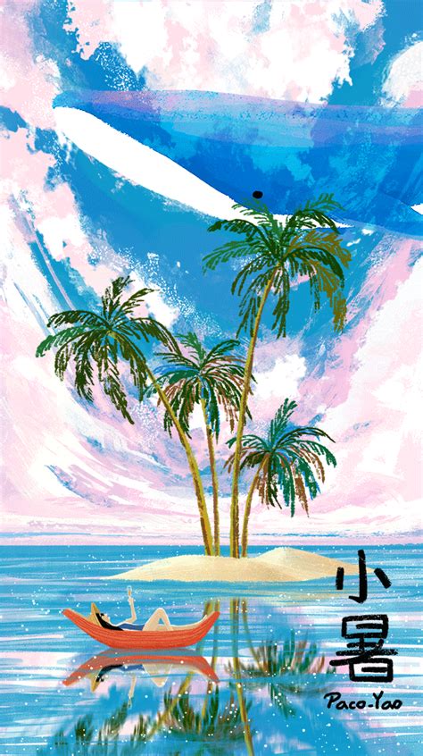 a painting of two palm trees and a boat in the water