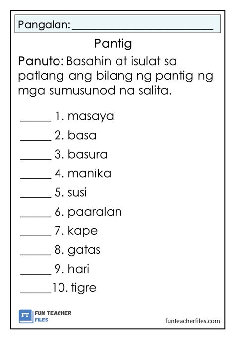 Bilang ng Pantig Worksheets Set 1 - Fun Teacher Files