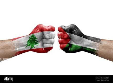 Two hands punch to each others on white background. Country flags painted fists, conflict crisis ...