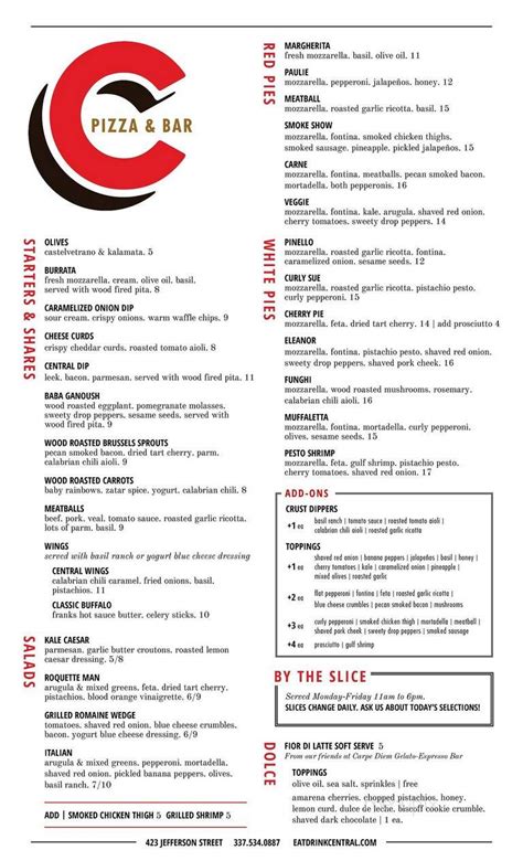 Menu of Central Pizza & Bar in Lafayette, LA 70501