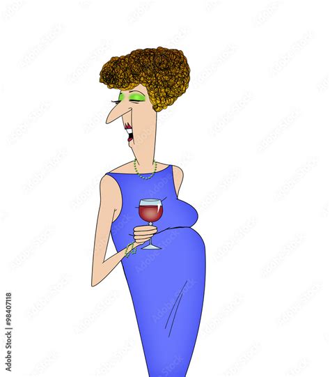 Funny Cartoon Lady Drinking Wine and Talking Stock Illustration | Adobe Stock