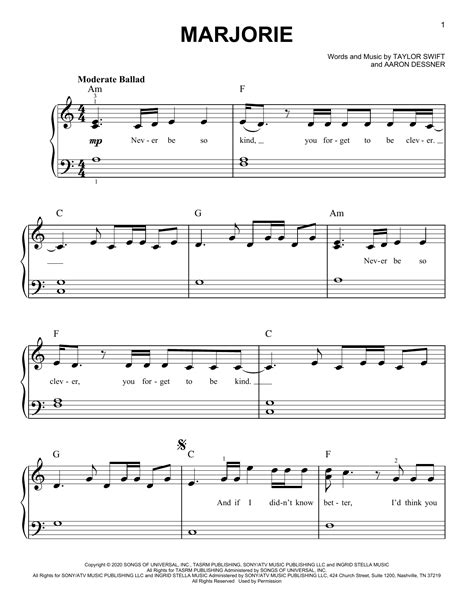 marjorie by Taylor Swift Sheet Music for Easy Piano at Sheet Music Direct